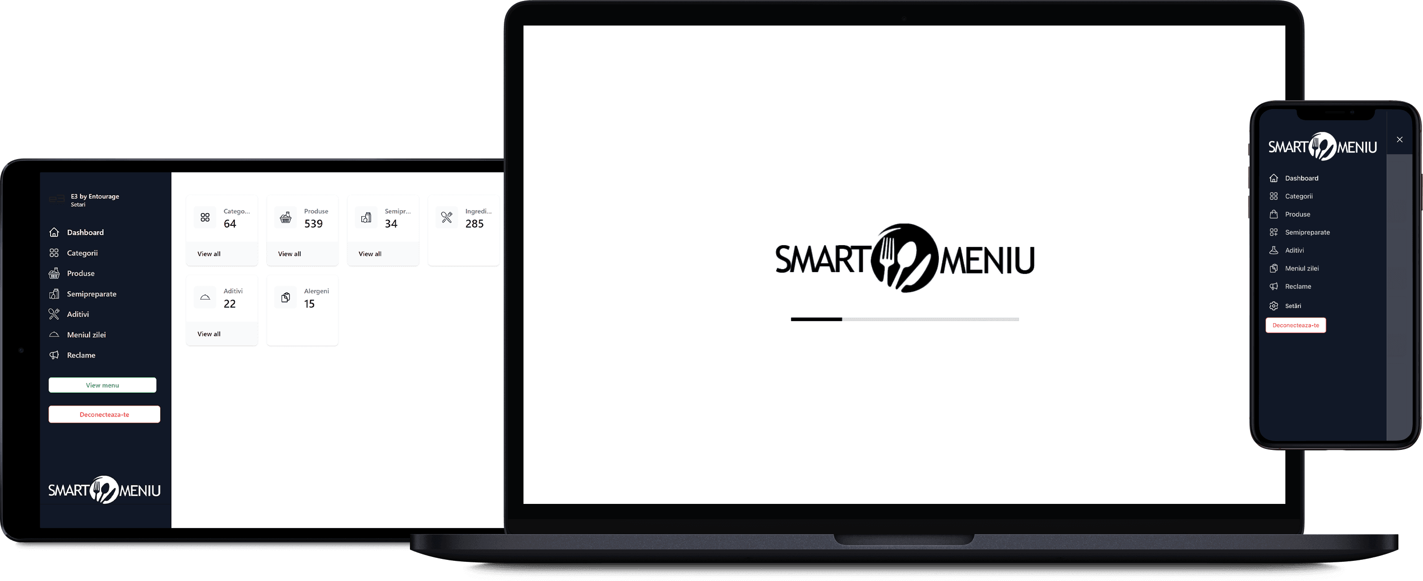 Smart Meniu afișat pe laptop, tabletă și telefon